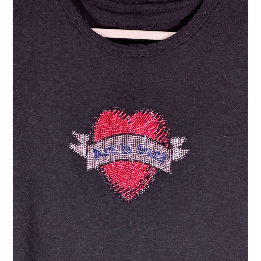 Zadig & Voltaire Black Art Is Truth Heart Rhinestone Tee Large - Picture 3 of 9